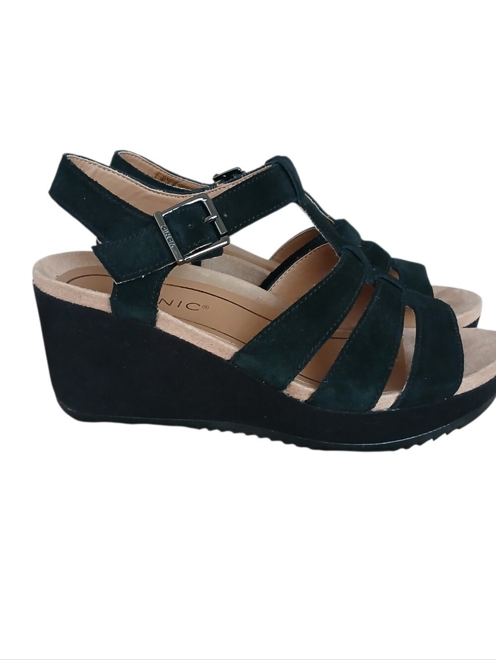 Vionic Tawny Suede Wedge T Strap Sandals 8 WIDE Black Buckle Strappy Comfort Lux